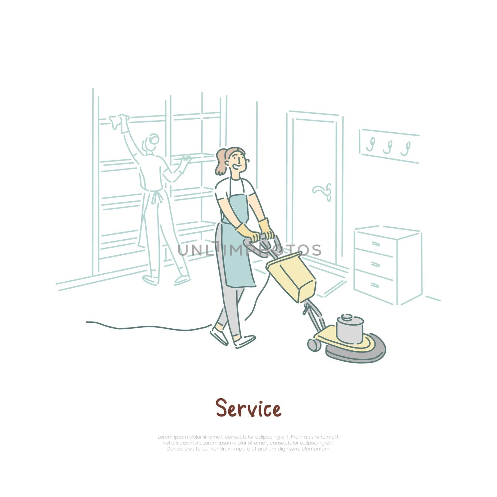 Housekeeping service, female housekeeper cleaning hotel room, apartment, housewife using vacuum cleaner banner. Domestic chores, household, housework concept cartoon sketch. Flat vector illustration