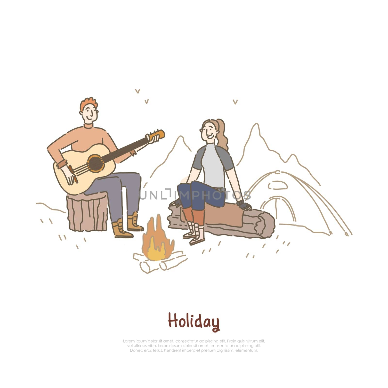 Young couple sitting together by campfire, man playing guitar, people on camping journey, tourism banner. Romantic hiking trip, forest picnic concept cartoon sketch. Flat vector illustration