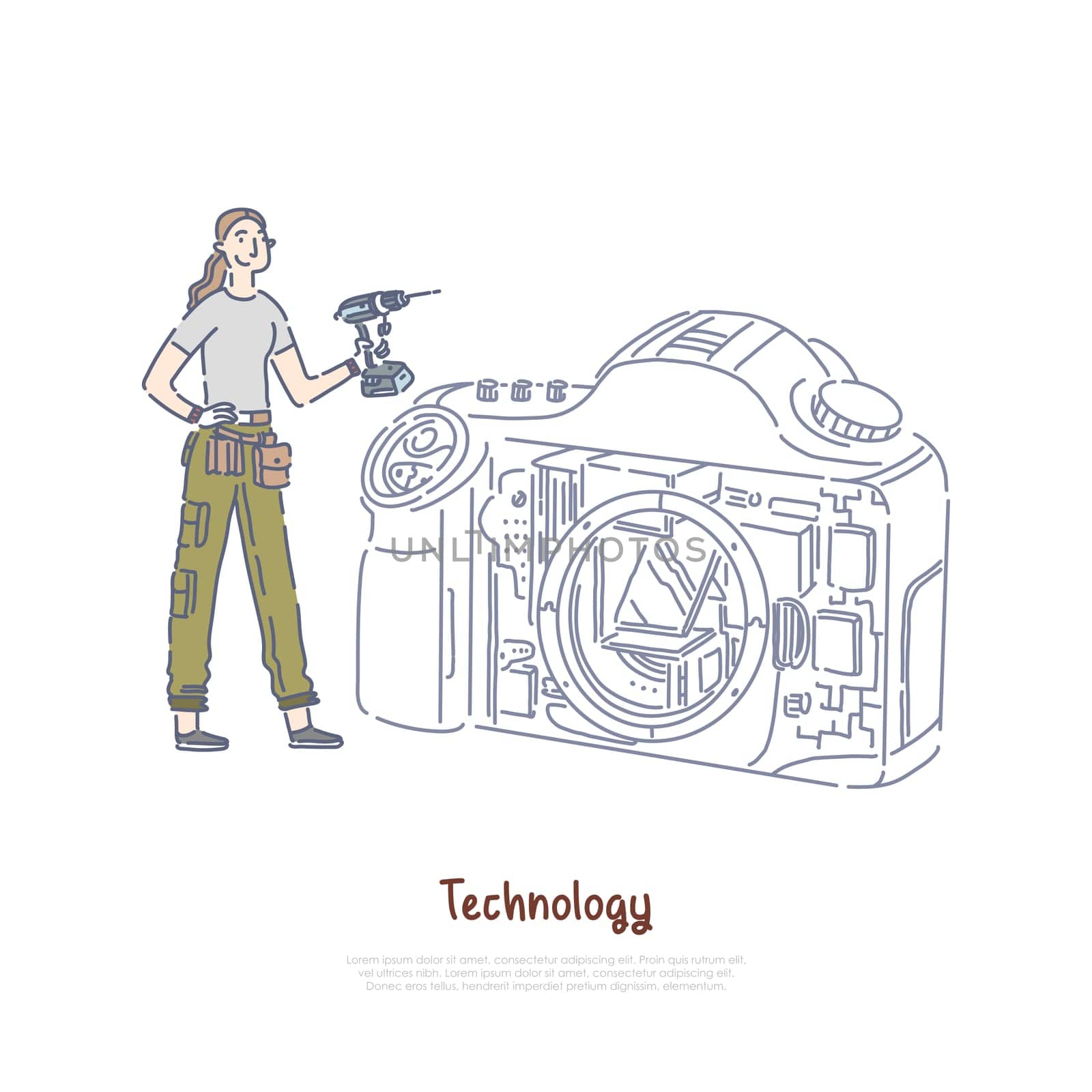 Female technician holding drill, girl fixing camera, photography equipment parts replacement, technical support banner. Cheerful woman with tool belt concept cartoon sketch. Flat vector illustration