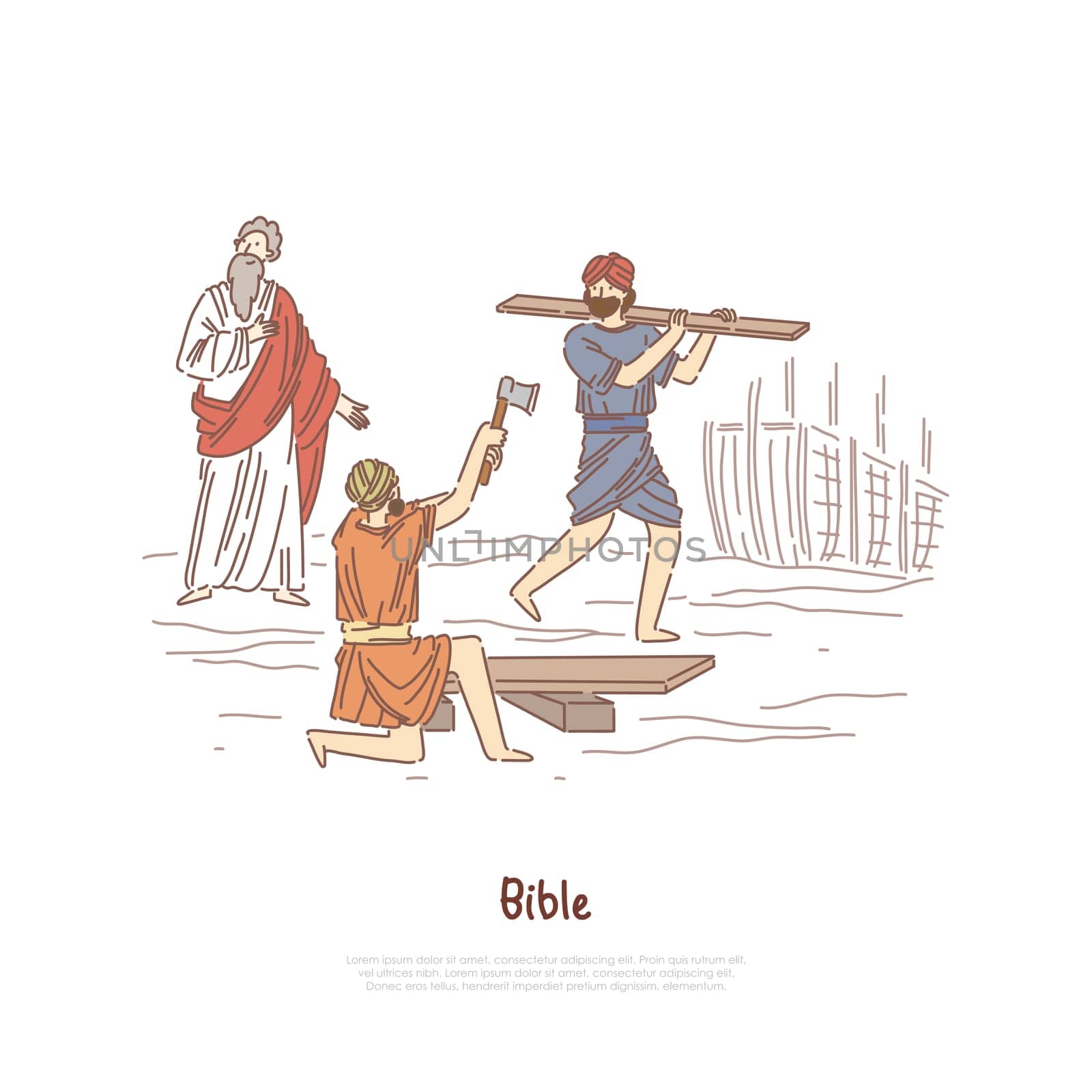Noah building ark myth, legend, Bible story plot, saint biblical characters, people constructing ship banner template. Great flood narrative concept cartoon sketch. Flat vector illustration