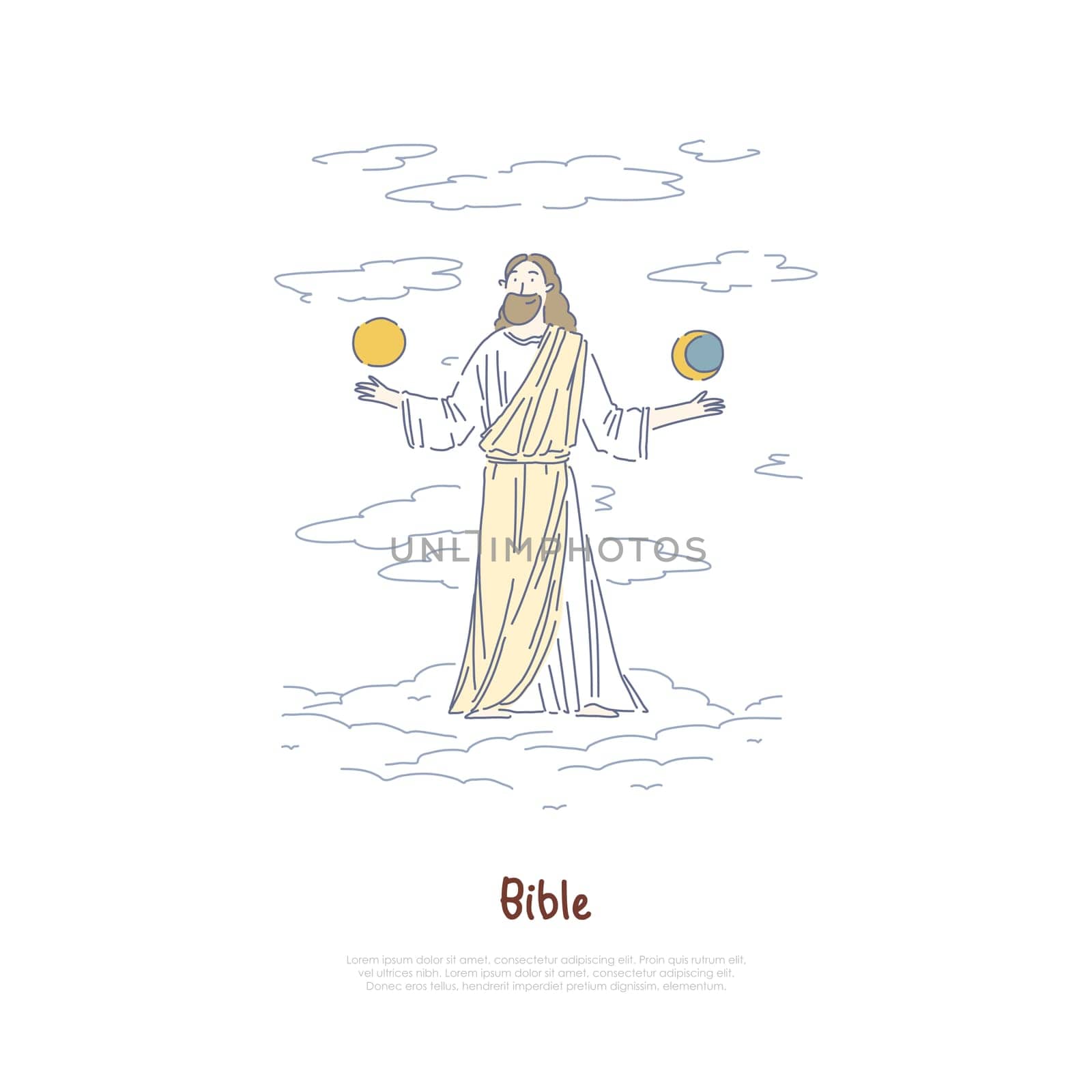 World creation myth, God holding sun and moon, legend and mythology book, religion and faith banner template. Bible page, christianity, theology concept cartoon sketch. Flat vector illustration