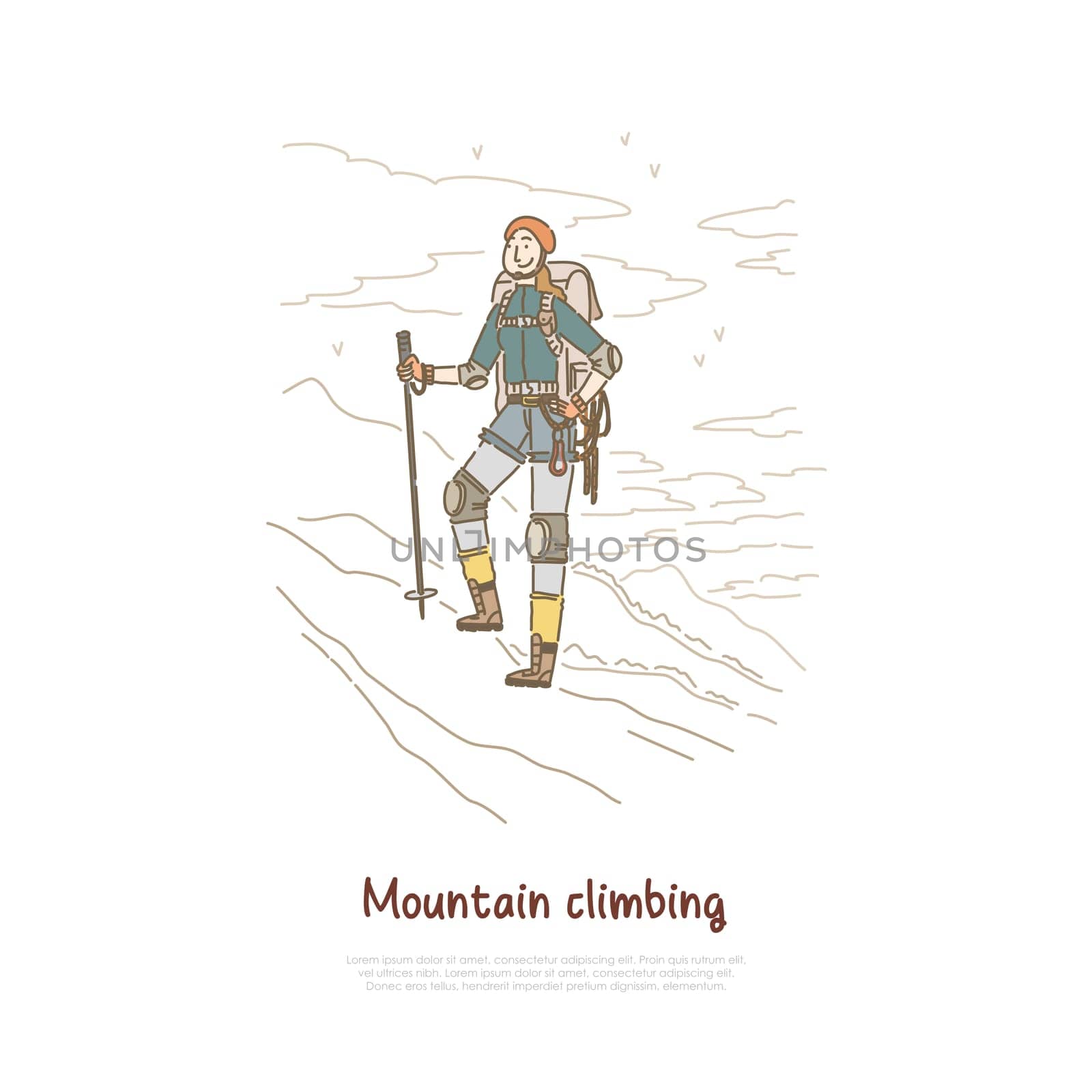 Hiking, mountain winter climbing, female hiker with professional mountaineering equipment banner template. Traveling, trekking, extreme sport, hobby concept cartoon sketch. Flat vector illustration