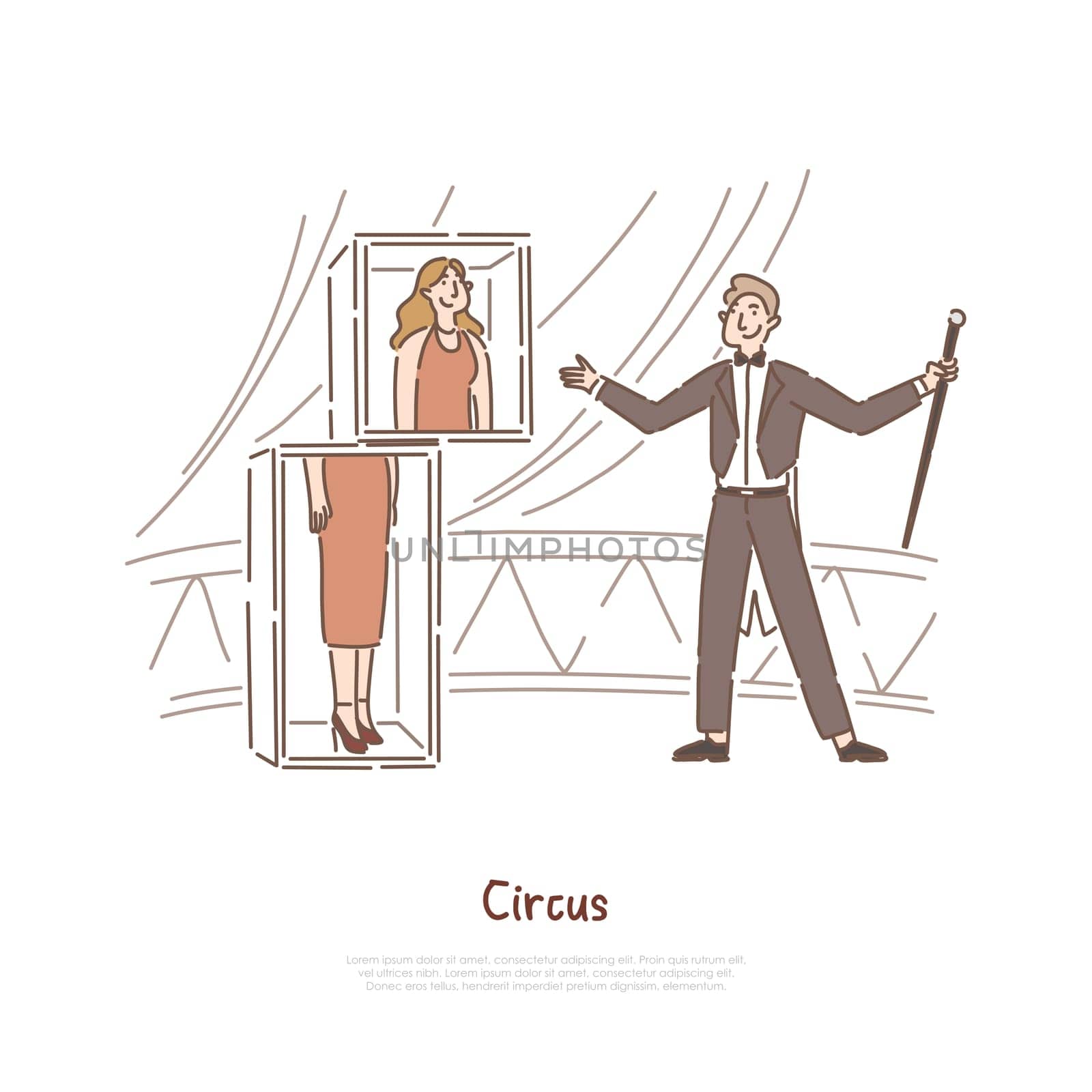 Illusionist showing magical tricks, magician and assistant performance, actors in circus arena banner template. Conjurer, sawing woman in half concept cartoon sketch. Flat vector illustration