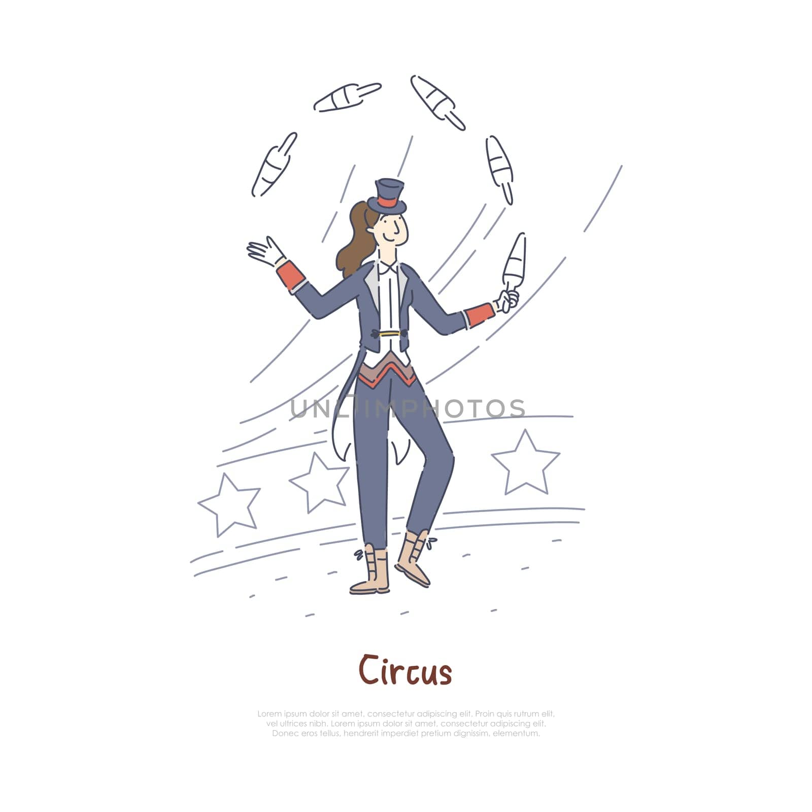 Juggler performing, professional actor in circus arena, performer juggling with pins banner template. Festival, carnival show, entertainment business concept cartoon sketch. Flat vector illustration