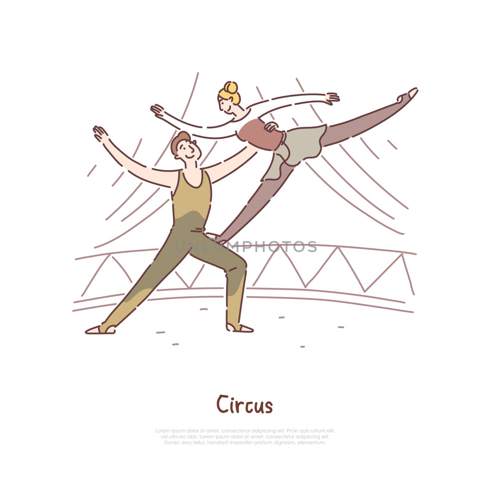 Acrobat man and woman performance, circus show, gymnasts performing balancing tricks, elements banner template. Entertainment, amusement, carnival concept cartoon sketch. Flat vector illustration