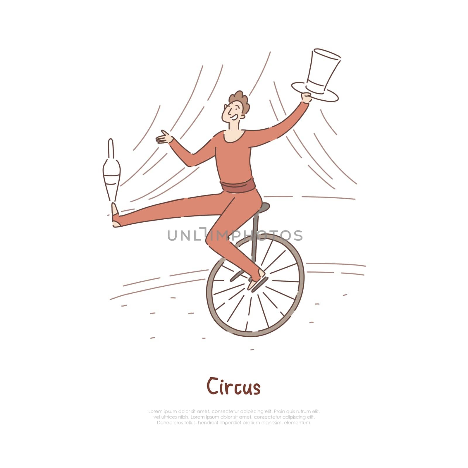 Circus performer, actor in carnival costume showing tricks, juggler, acrobat balancing, riding unicycle banner. Performance, entertainment industry concept cartoon sketch. Flat vector illustration