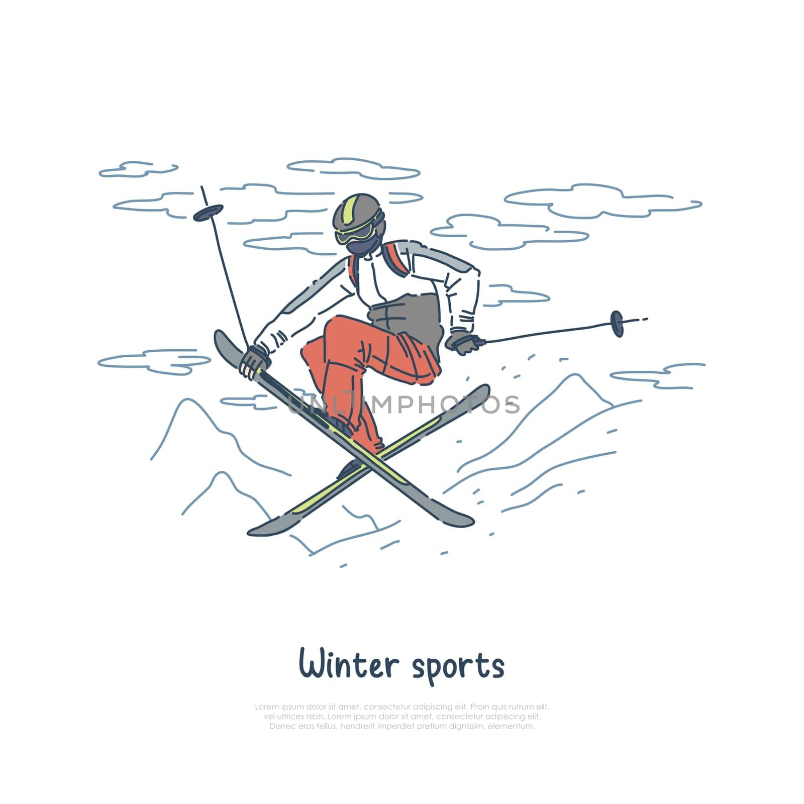 Skier in sportswear, jumper training for tournament, extreme leisure, outdoor activity , ski jumping banner. Winter sport event, skiing competition concept cartoon sketch. Flat vector illustration