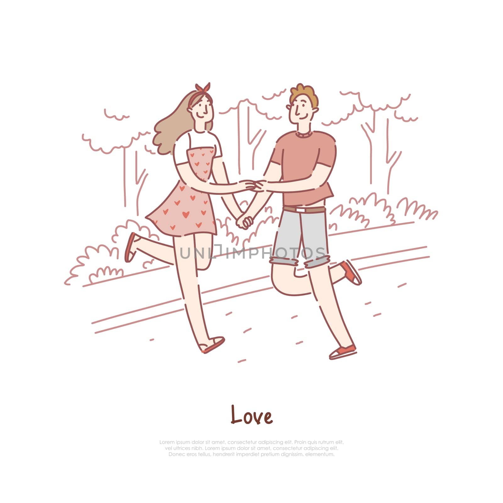 Young couple dating, cheerful boy and girl walking, strolling in park, boyfriend and girlfriend holding hands banner template. Teenage love, romance concept cartoon sketch. Flat vector illustration