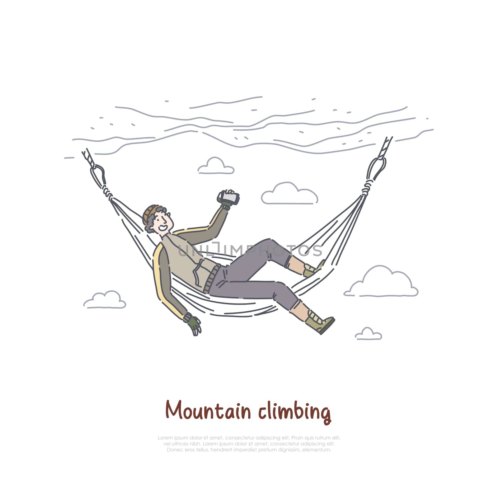 Rock climbing, mountaineering, climber resting in hammock, traveler relaxing in cliff wall, taking video, photo banner. Hill bagging, nature exploring concept cartoon sketch. Flat vector illustration