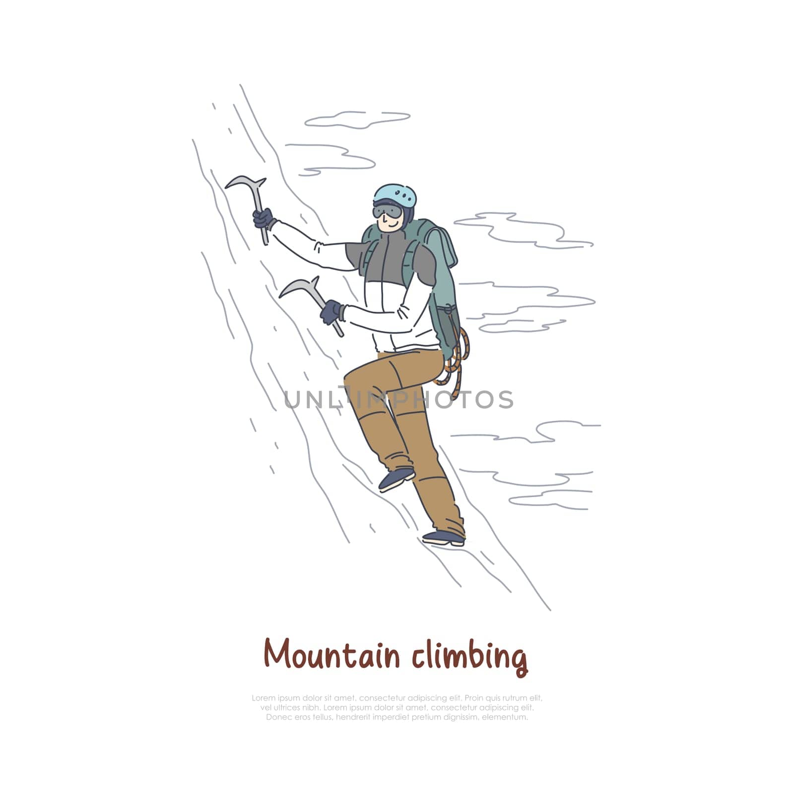 Alpinist using mountaineering tools and equipment, ice climbing, extreme sport, active holiday vacation banner. Peak bagging, dangerous hobby concept cartoon sketch. Flat vector illustration