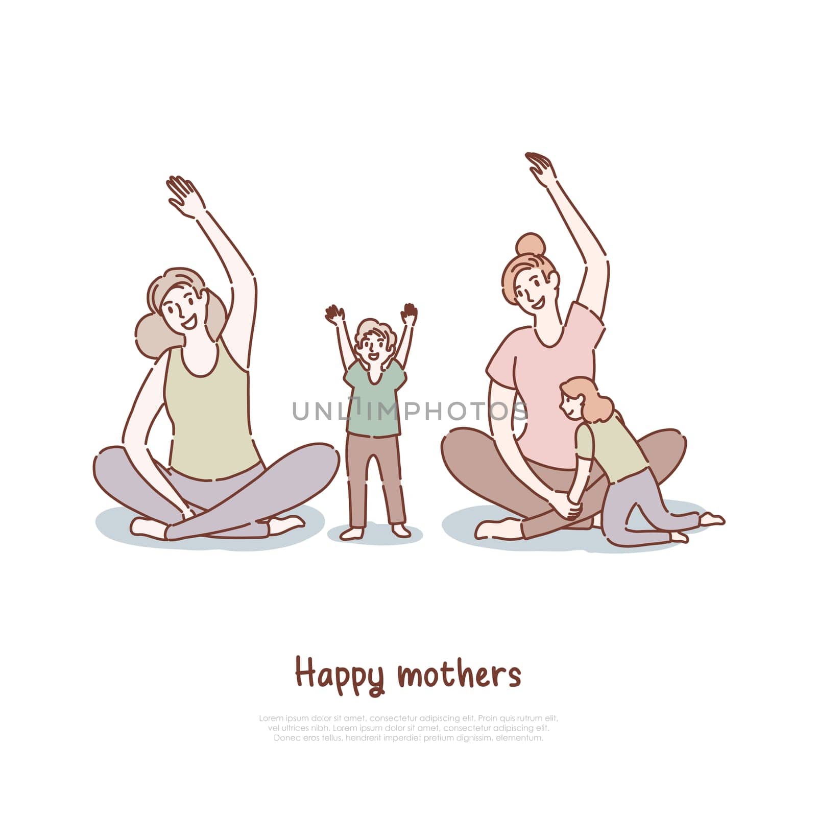 Mothers doing yoga with kids, moms and children practicing pilates, exercising, meditating in lotus pose banner template. Family healthy lifestyle concept cartoon sketch. Flat vector illustration