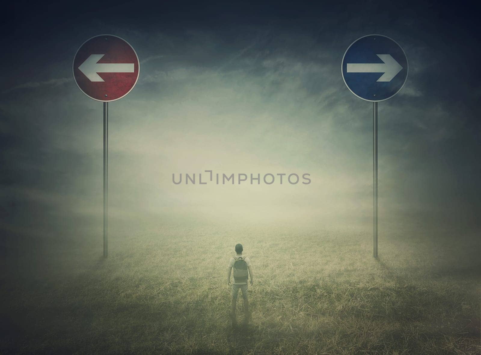 Lost man in the middle of nowhere with signposts showing two opposite directions to choose between left and right. Arrows aimed at different courses. Road way decisive choice. Dilemma concept