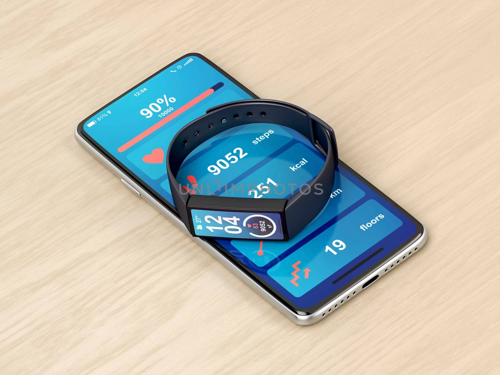 Smartphone and fitness tracker on wooden desk