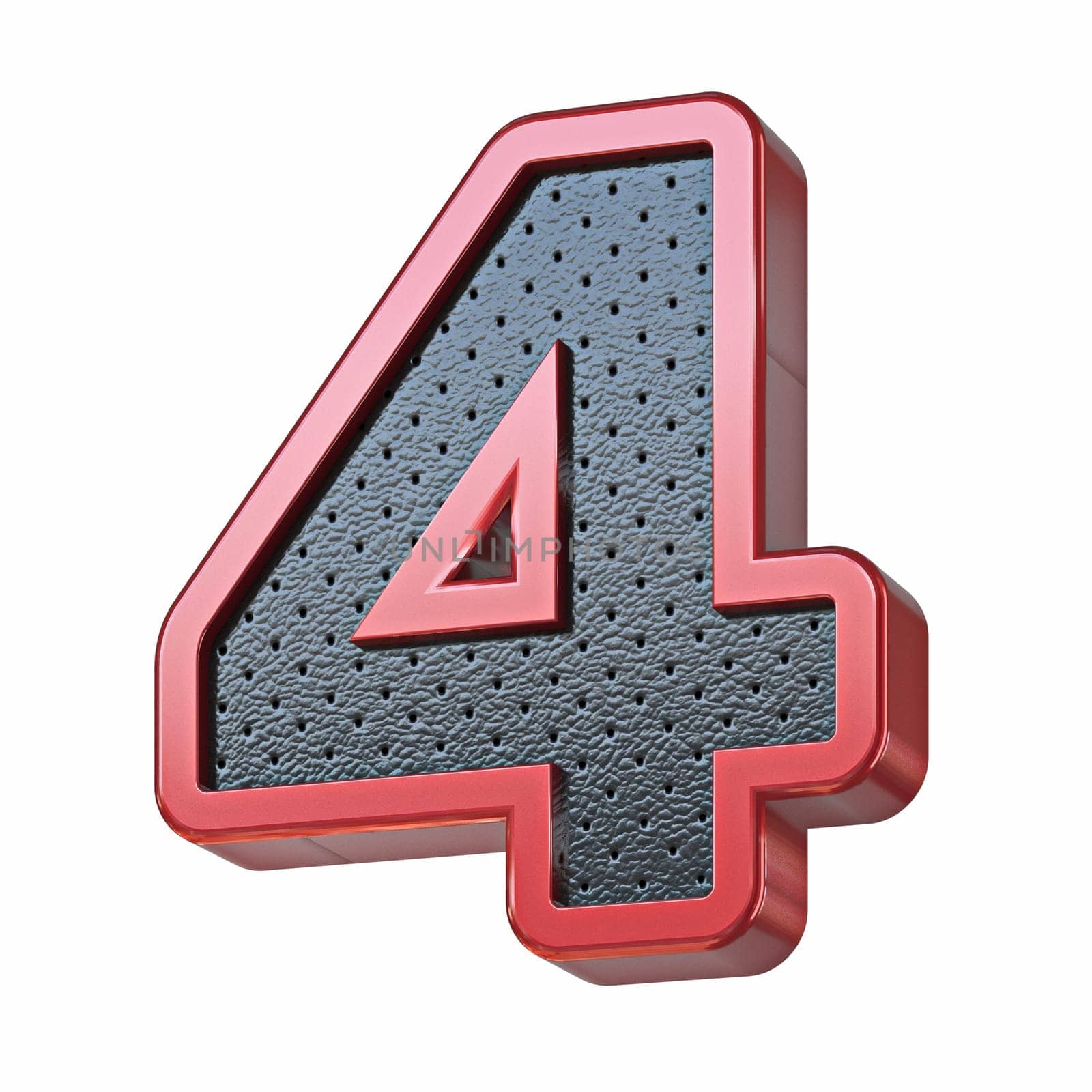 Red shinny metal and black leather font Number 4 FOUR 3D render illustration isolated on white background