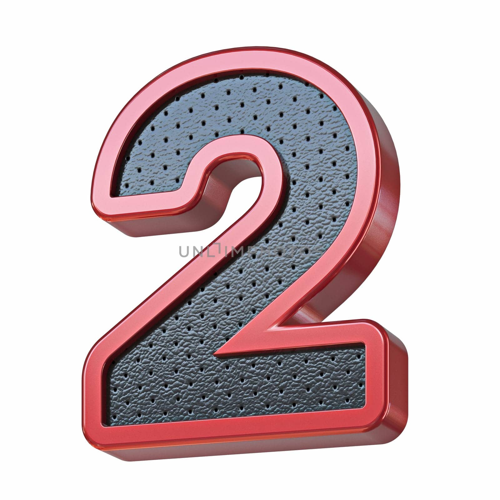 Red shinny metal and black leather font Number 2 TWO 3D render illustration isolated on white background