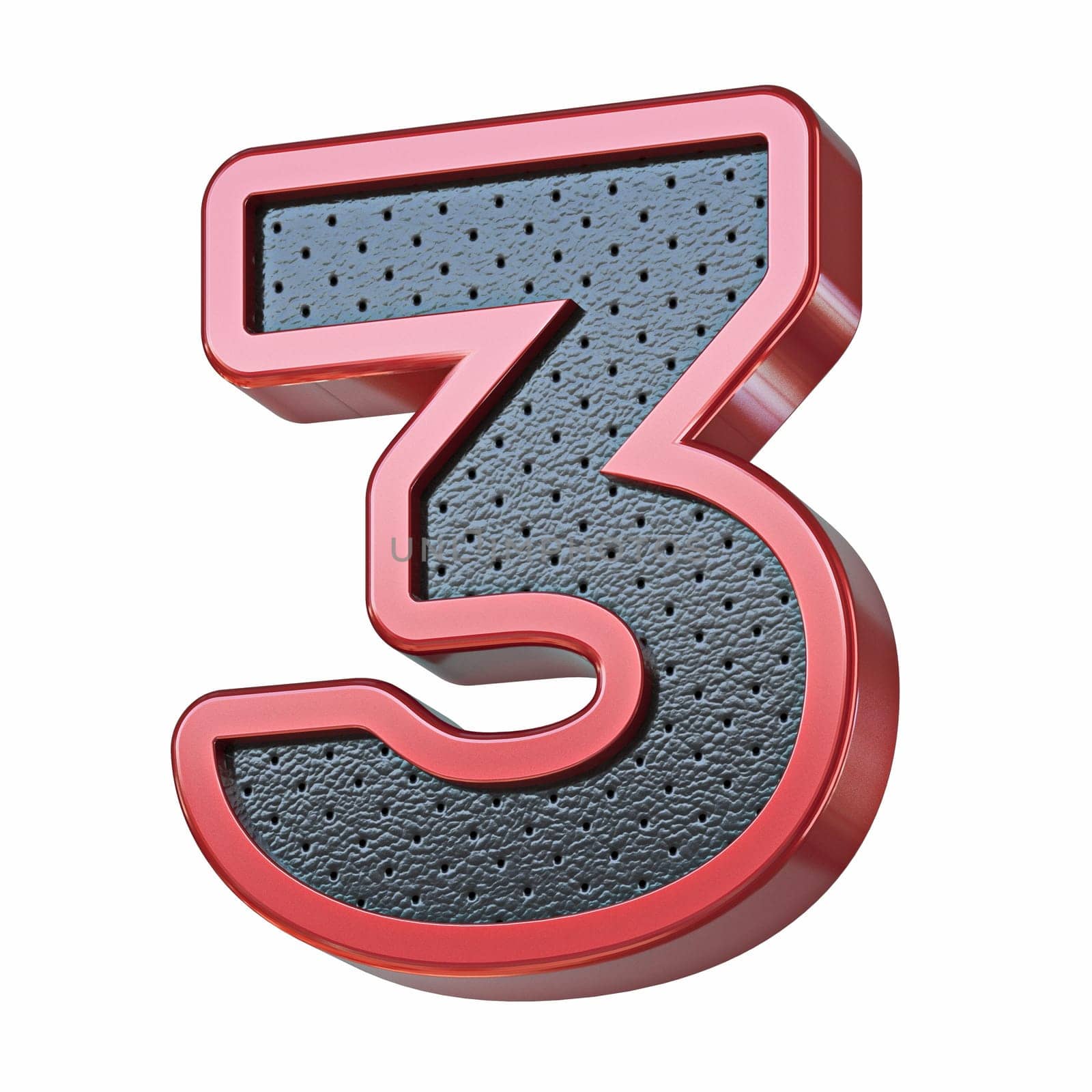 Red shinny metal and black leather font Number 3 THREE 3D render illustration isolated on white background