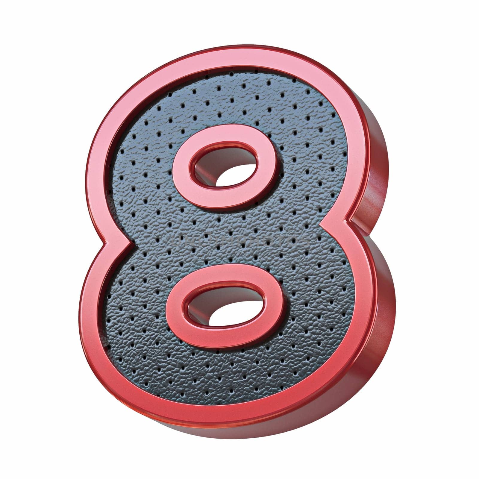 Red shinny metal and black leather font Number 8 EIGHT 3D render illustration isolated on white background