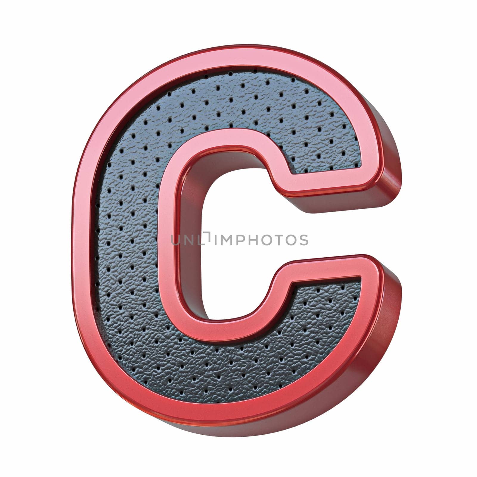 Red shinny metal and black leather font Letter C 3D render illustration isolated on white background
