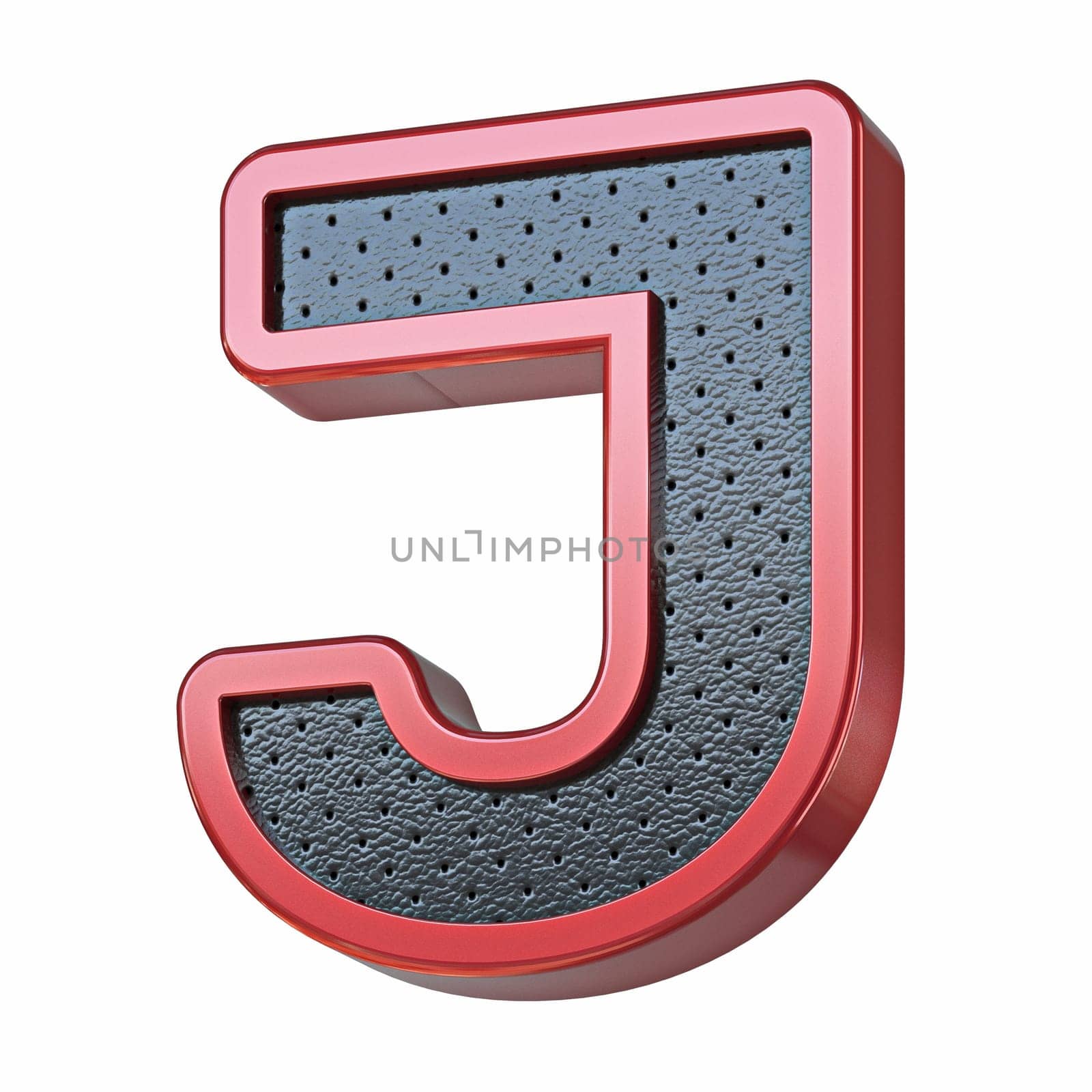 Red shinny metal and black leather font Letter J 3D render illustration isolated on white background