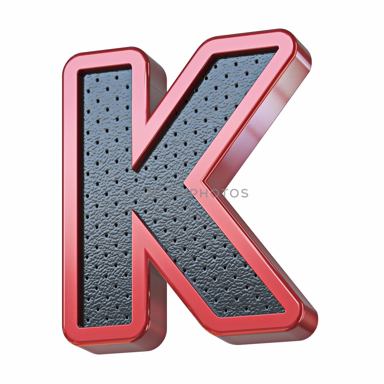 Red shinny metal and black leather font Letter K 3D render illustration isolated on white background