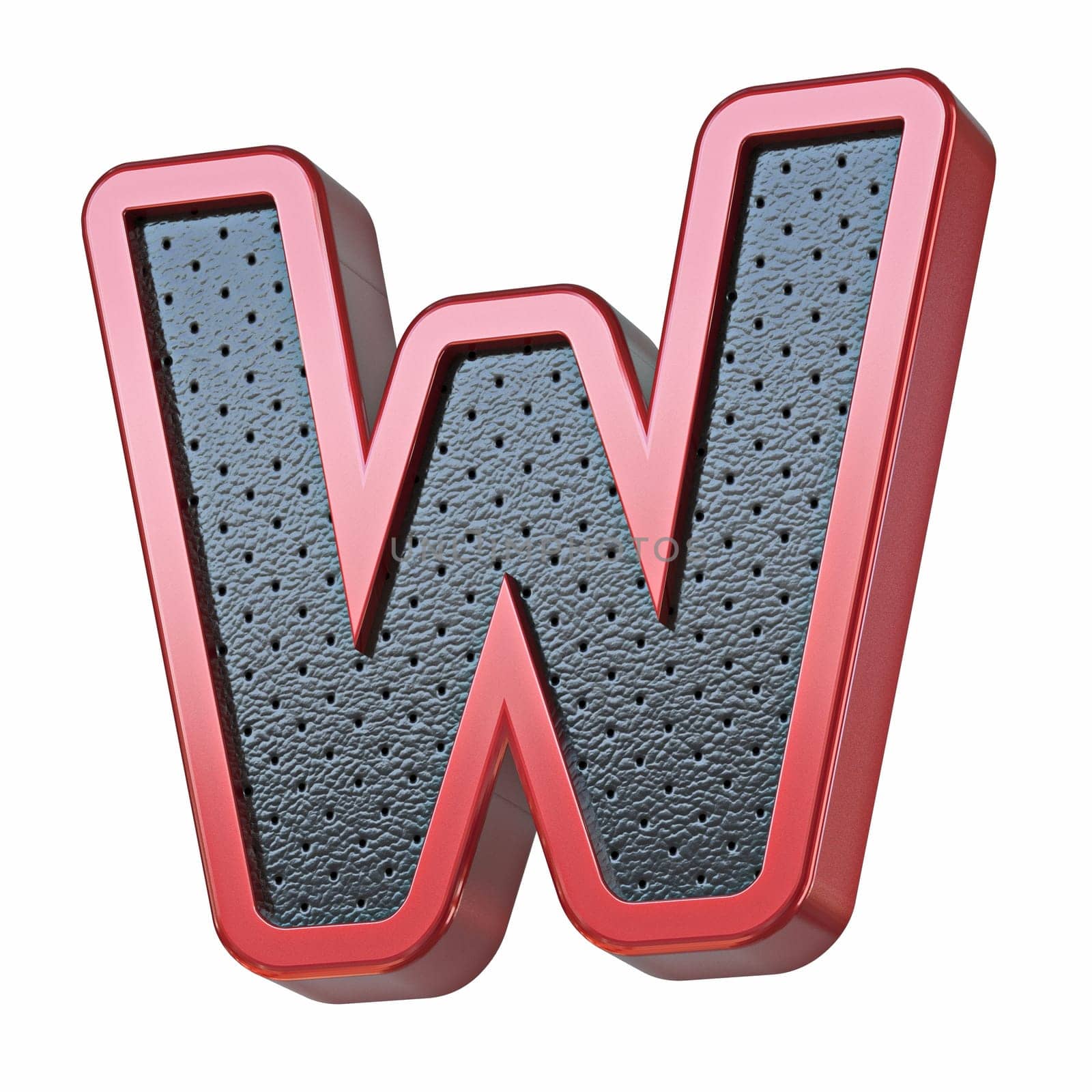 Red shinny metal and black leather font Letter W 3D render illustration isolated on white background