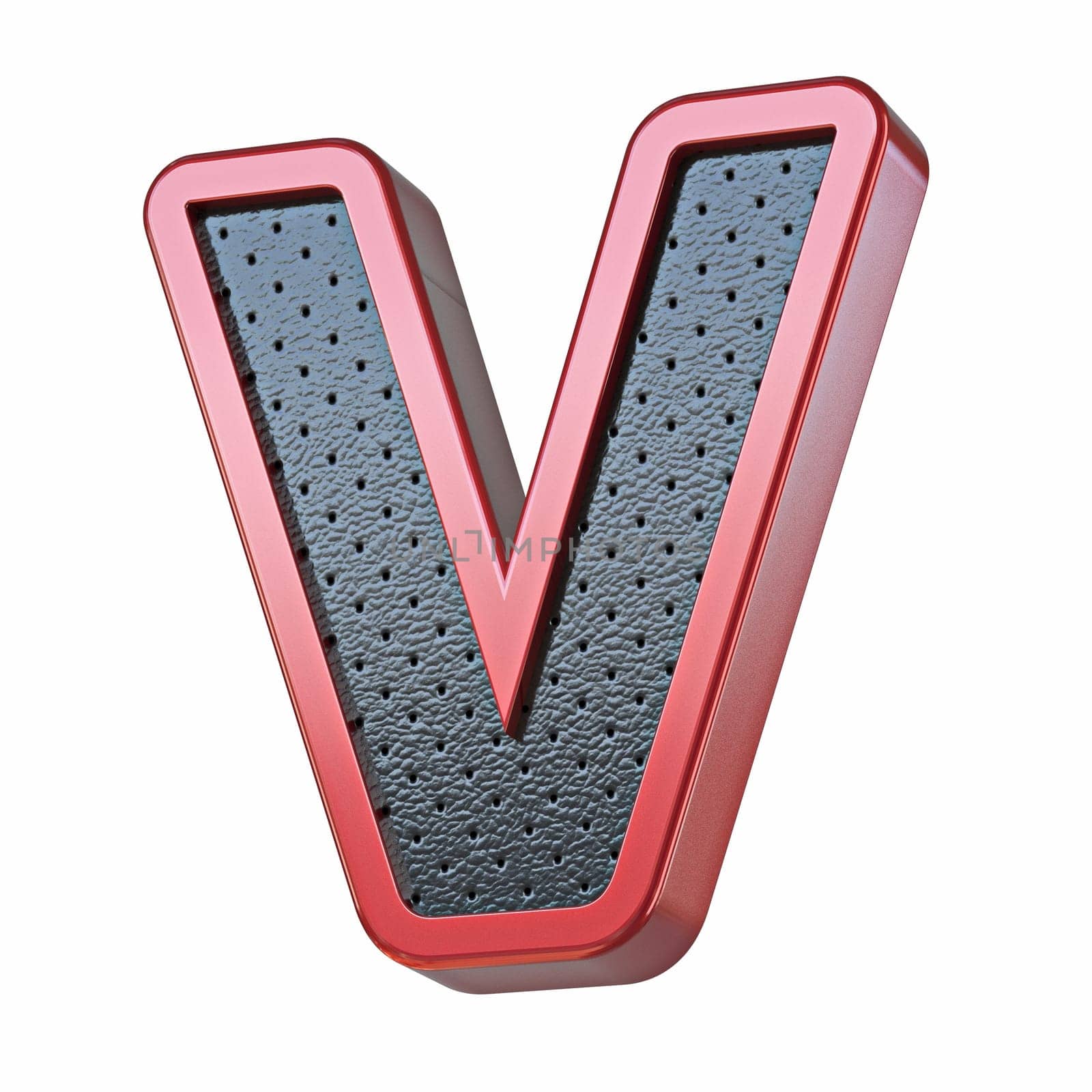 Red shinny metal and black leather font Letter V 3D render illustration isolated on white background
