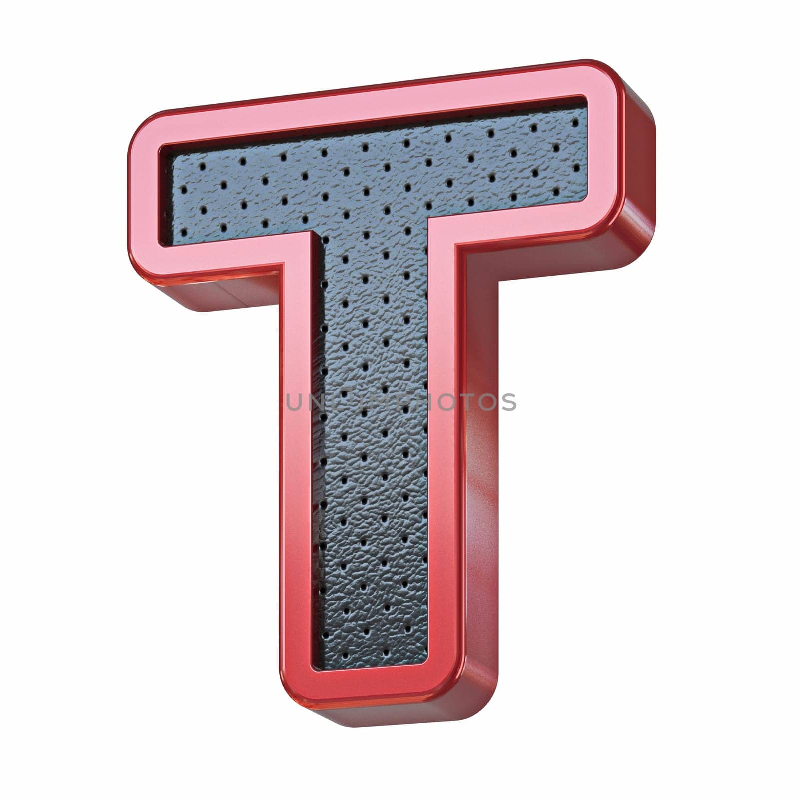 Red shinny metal and black leather font Letter T 3D render illustration isolated on white background