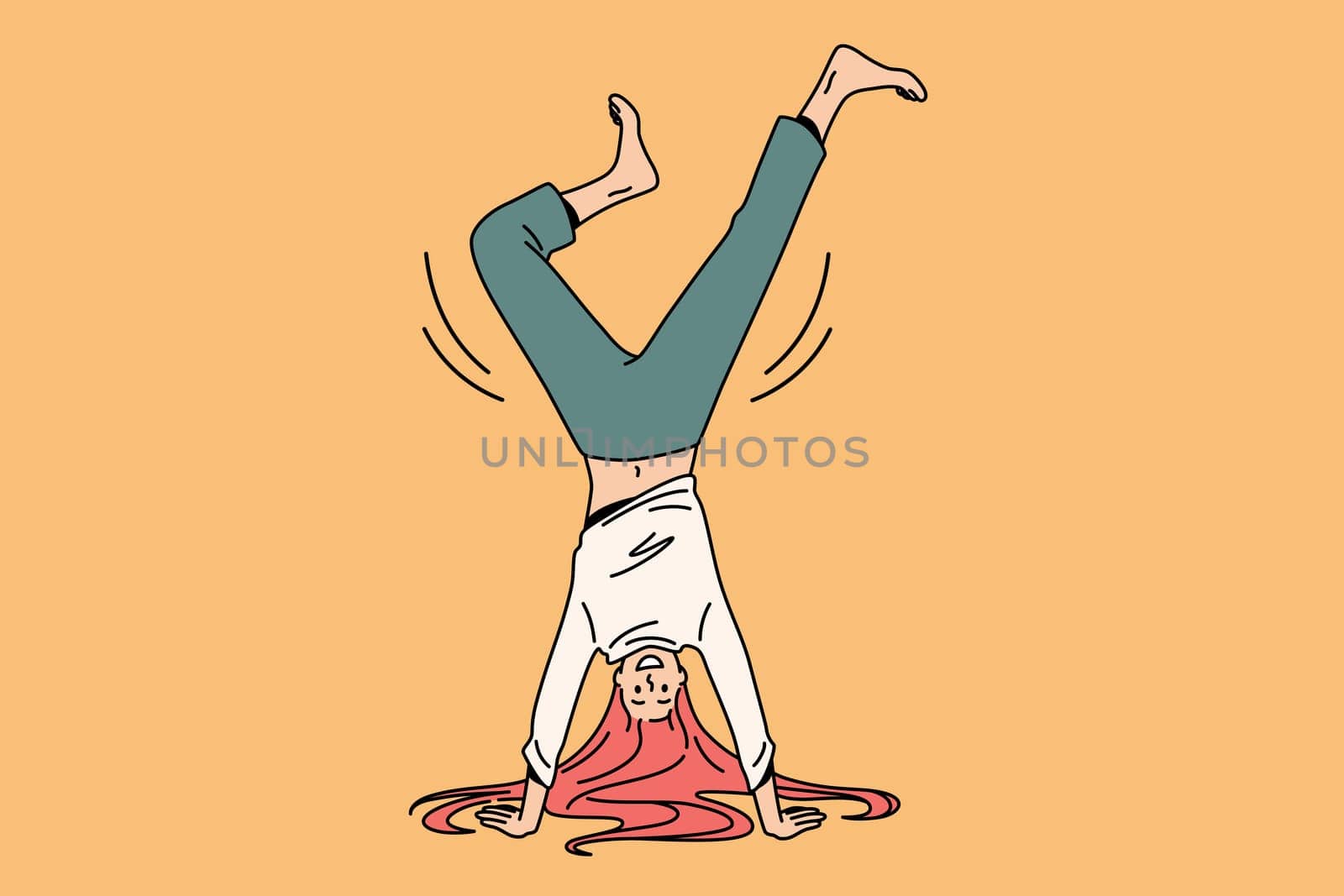 Acrobatics and feeling positive concept. Young positive girl cartoon character standing balancing on hands barefoot over yellow background vector illustration