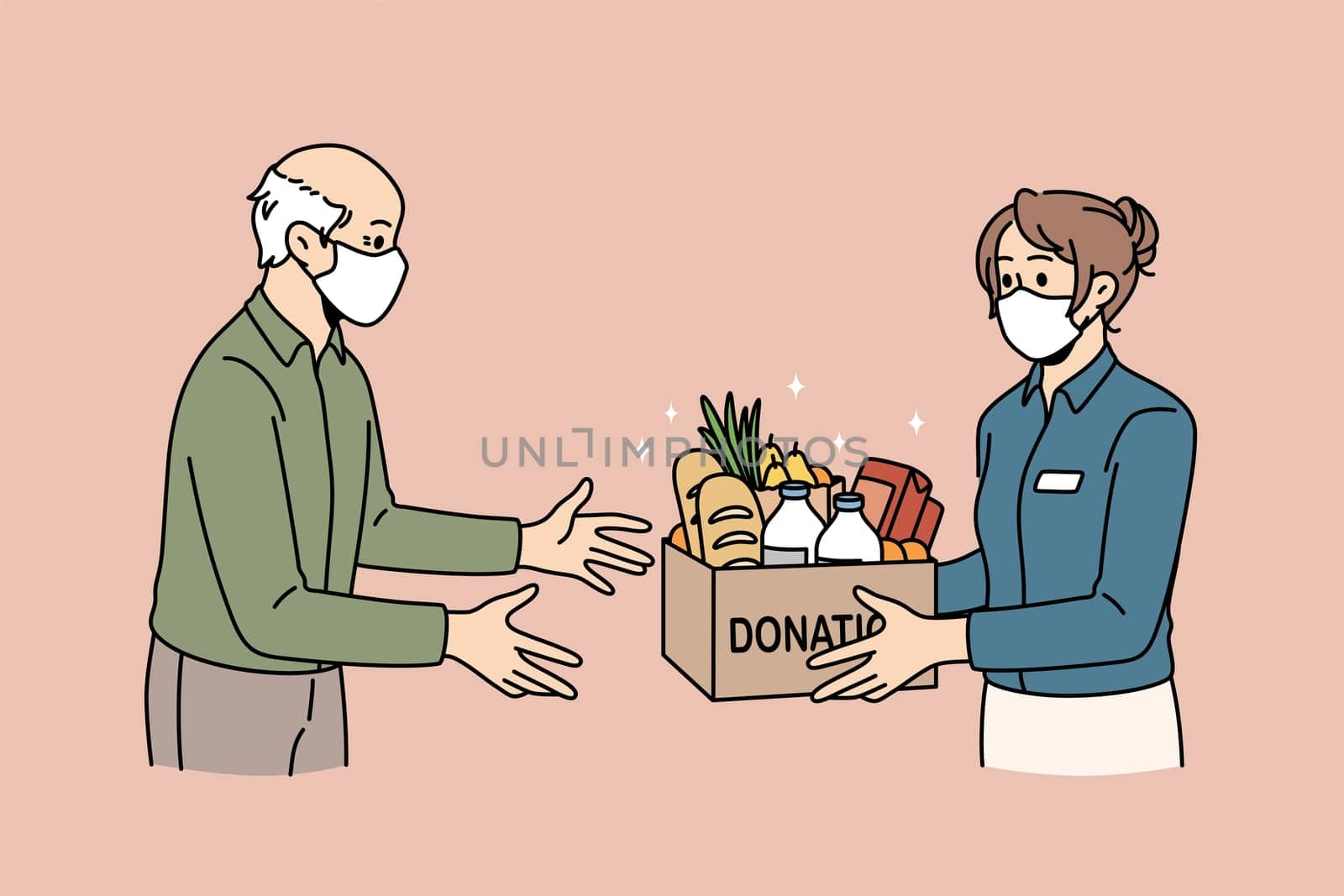 Charity and donating food concept. Young woman volunteer in medical protective mask giving Box with donation word full of products food for elderly man vector illustration