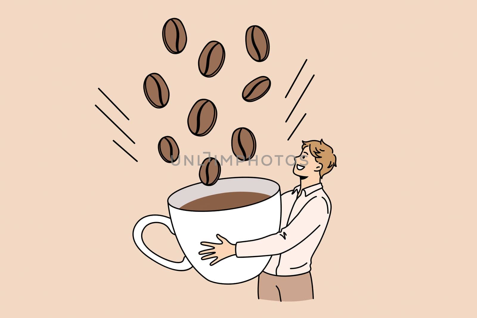 Energy coffee drink breakfast concept. Young smiling man cartoon character standing picking huge coffee beans to cup vector illustration