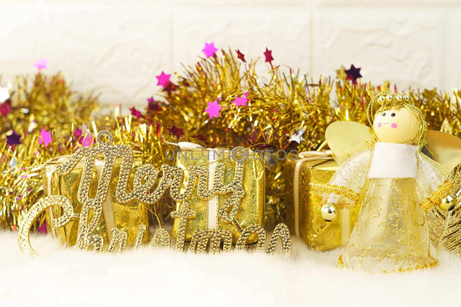 Merry Christmas composition with decorations on white background