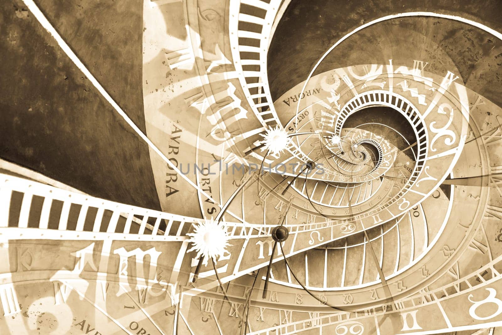Droste effect background based on Prague astronimical clock. Abstract design for concepts related to astrology, fantasy, time and magic.