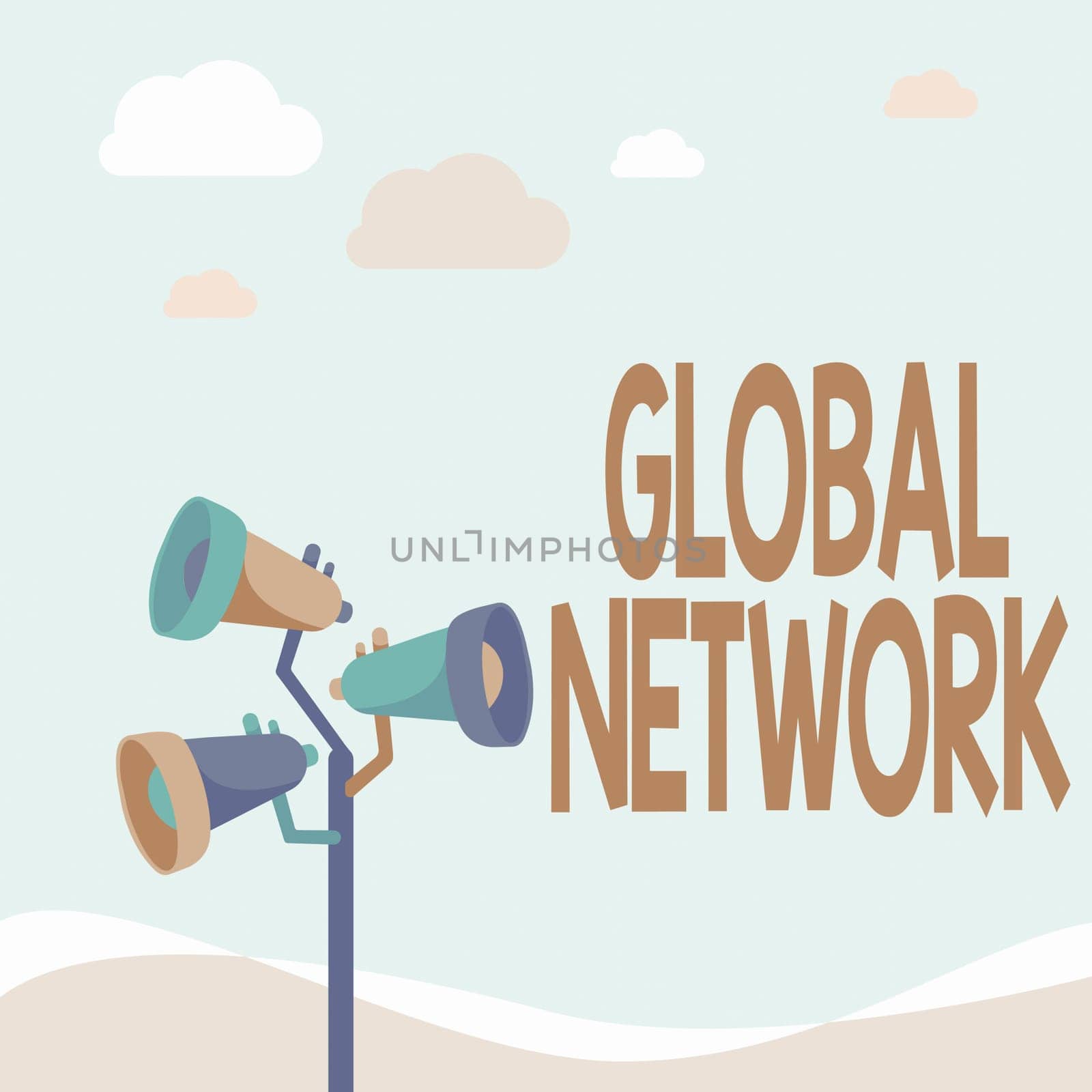 Text sign showing Global Network, Conceptual photo Any communication system which spans the entire Earth Pole Megaphones Drawing Making Announcement To An Open Space.