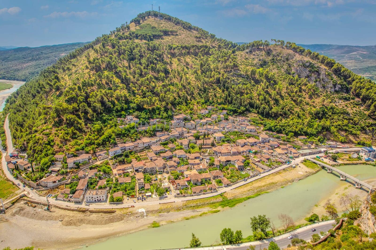 The Panorama of the historic city of Berat in Albania. Top view from the castle