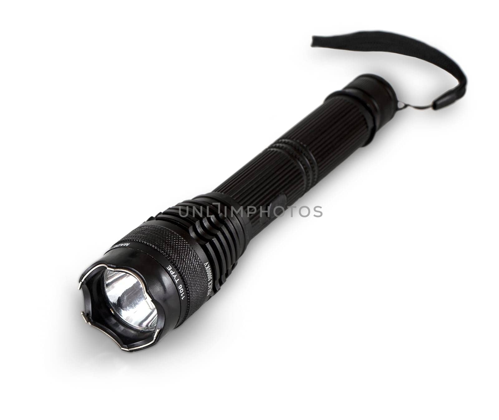 The black police handheld flashlight with taser isolated on white