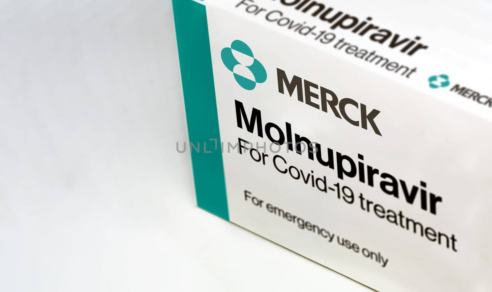 New York, USA, October 2021: Merck Covid-19 Molnupiravir treatment box isolated on a white background. Health and prevention.
