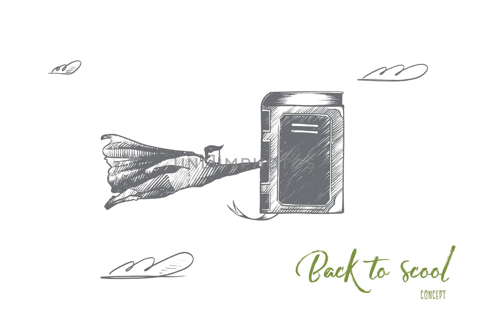 Back to school concept. Hand drawn superhero with big book in hand. Flying hero as symbol of knowledge and studying isolated vector illustration.