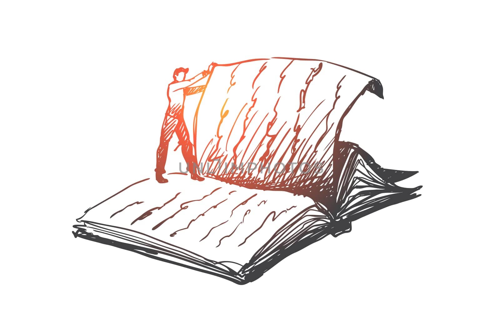 Book, reading, library, read concept. Hand drawn person standing on giant book and thumbs page concept sketch. Isolated vector illustration.