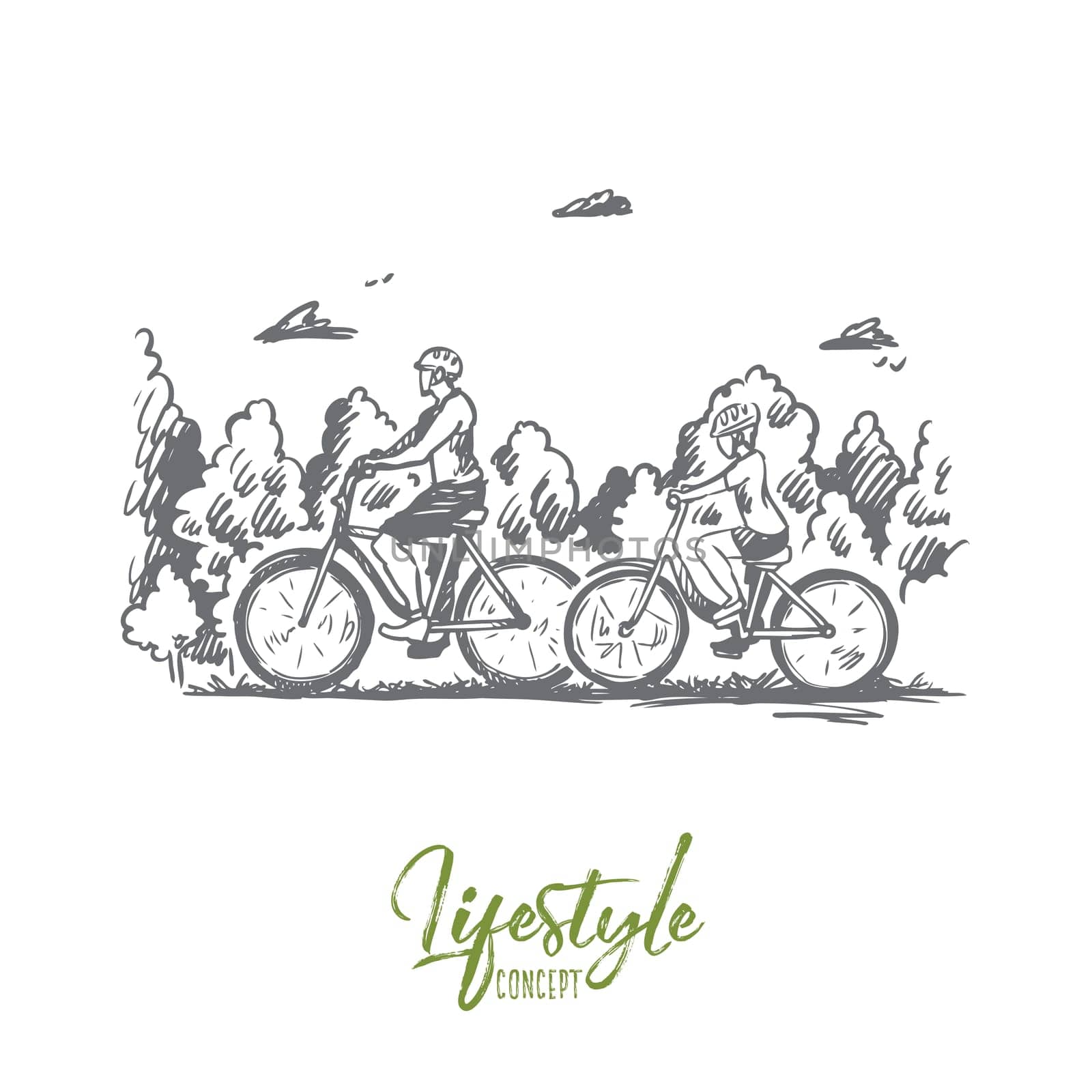 Family, bicycle, sport, happy, lifestyle concept. Hand drawn family walking with bicycles outdoor concept sketch. Isolated vector illustration.