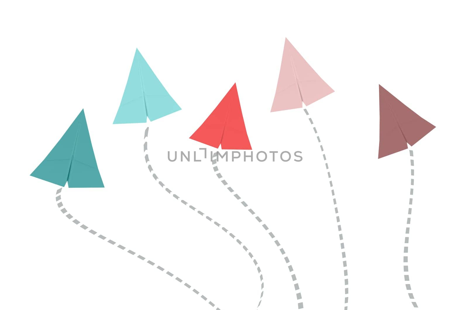 Paper airplanes in different colors on a white background, standing out, sky rocket