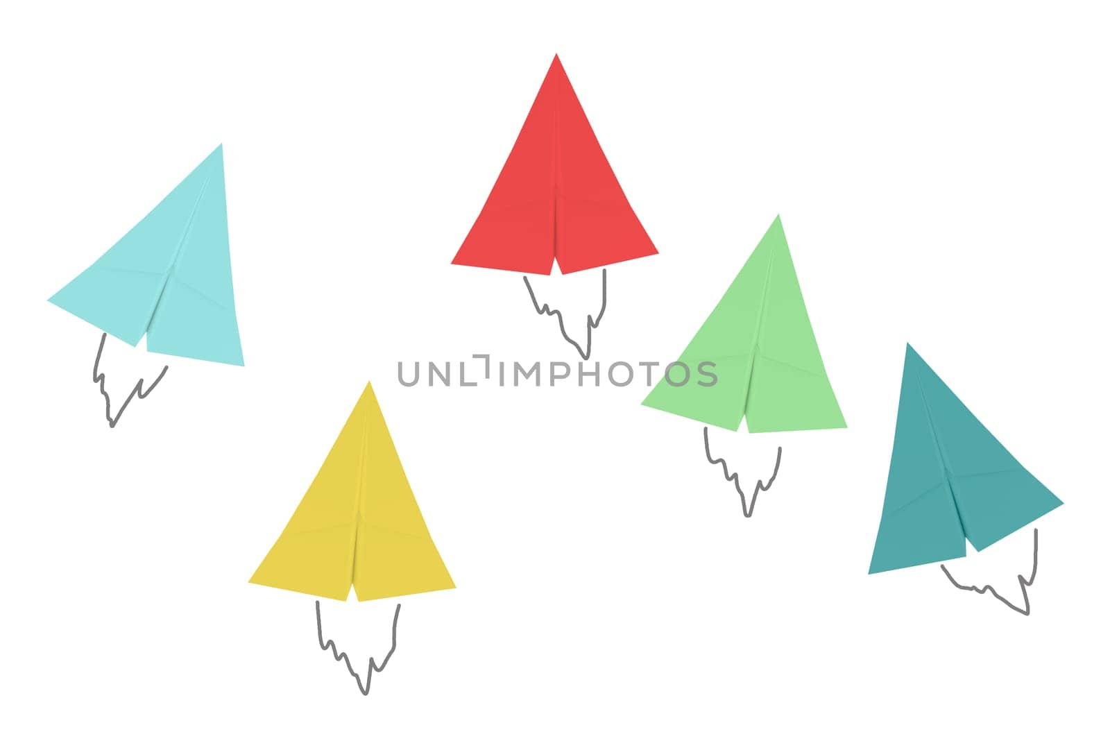 Paper airplanes in different colors on a white background, standing out, sky rocket