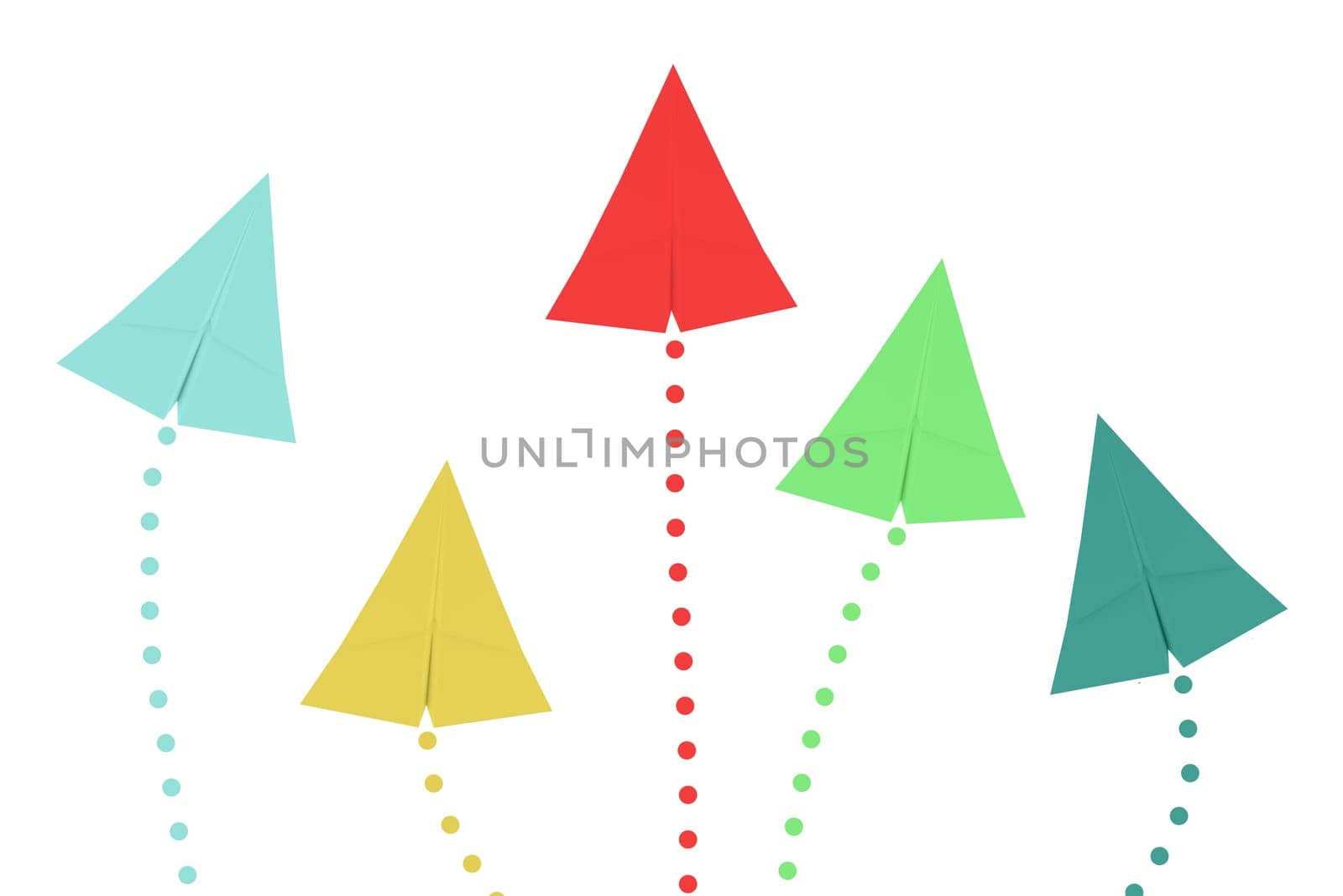 Paper airplanes in different colors on a white background, standing out, sky rocket