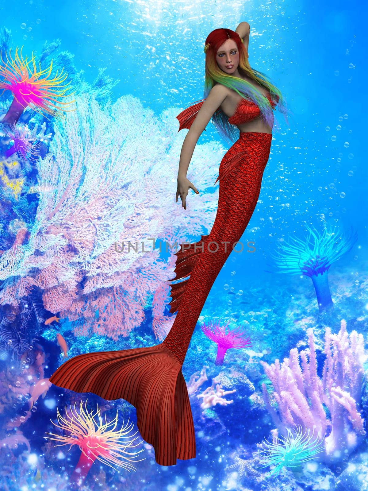 A red mermaid swims through a coral reef with multi-colored hair.