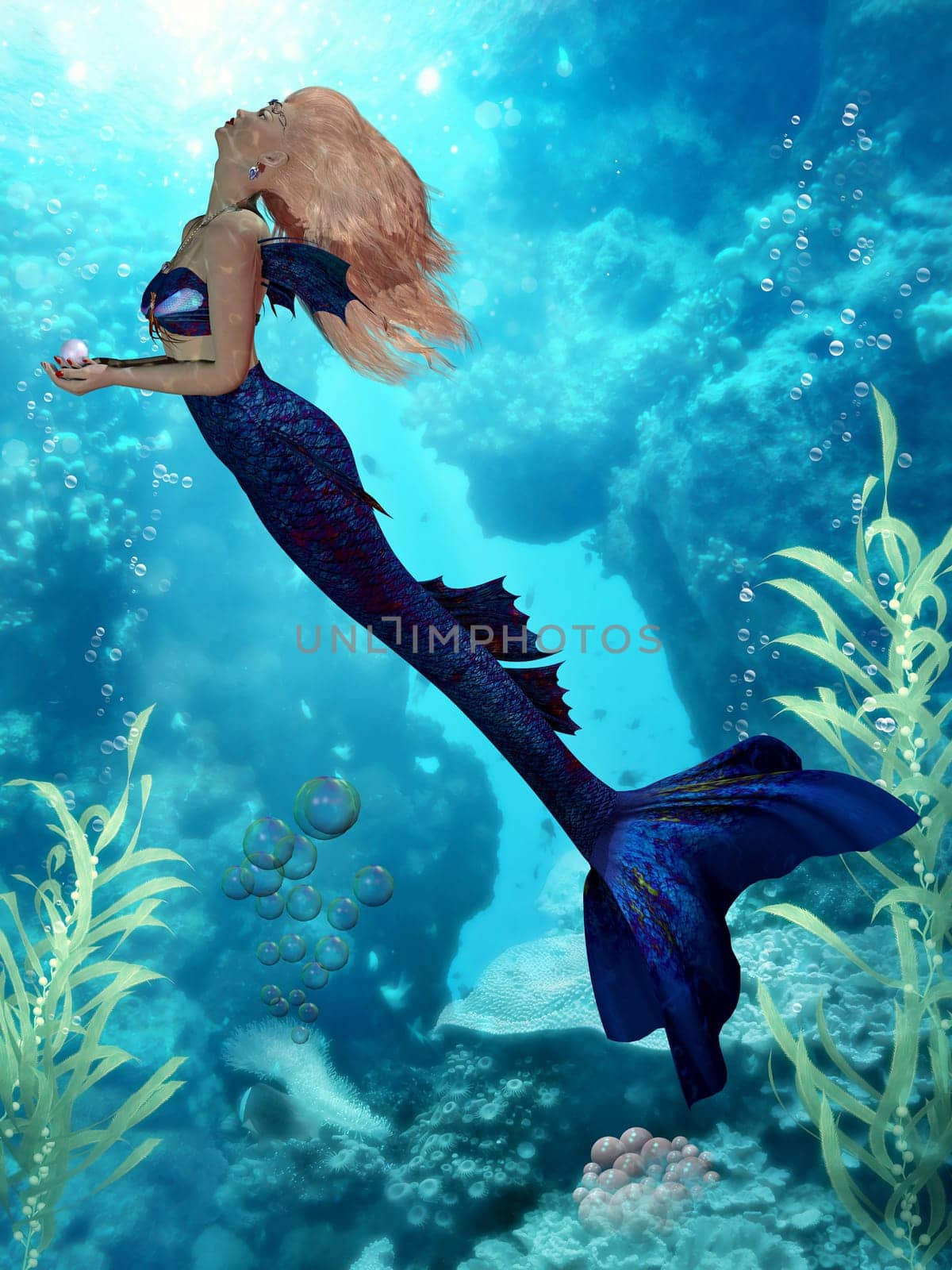 Holding a huge beautiful pearl a blue mermaid rises to the ocean surface.
