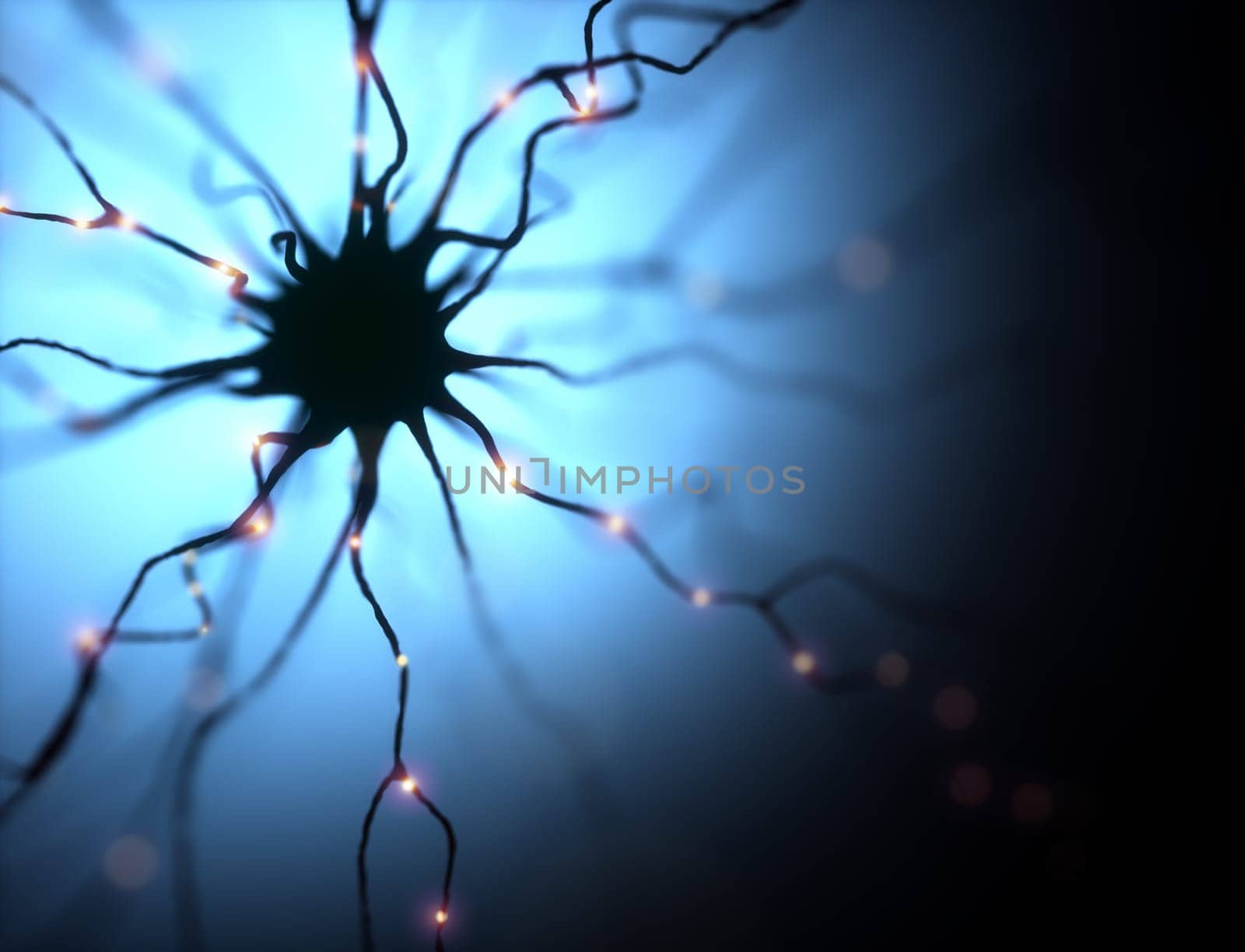 3D illustration, neurons and their connections. Microscopic photo simulation of the human nervous system.