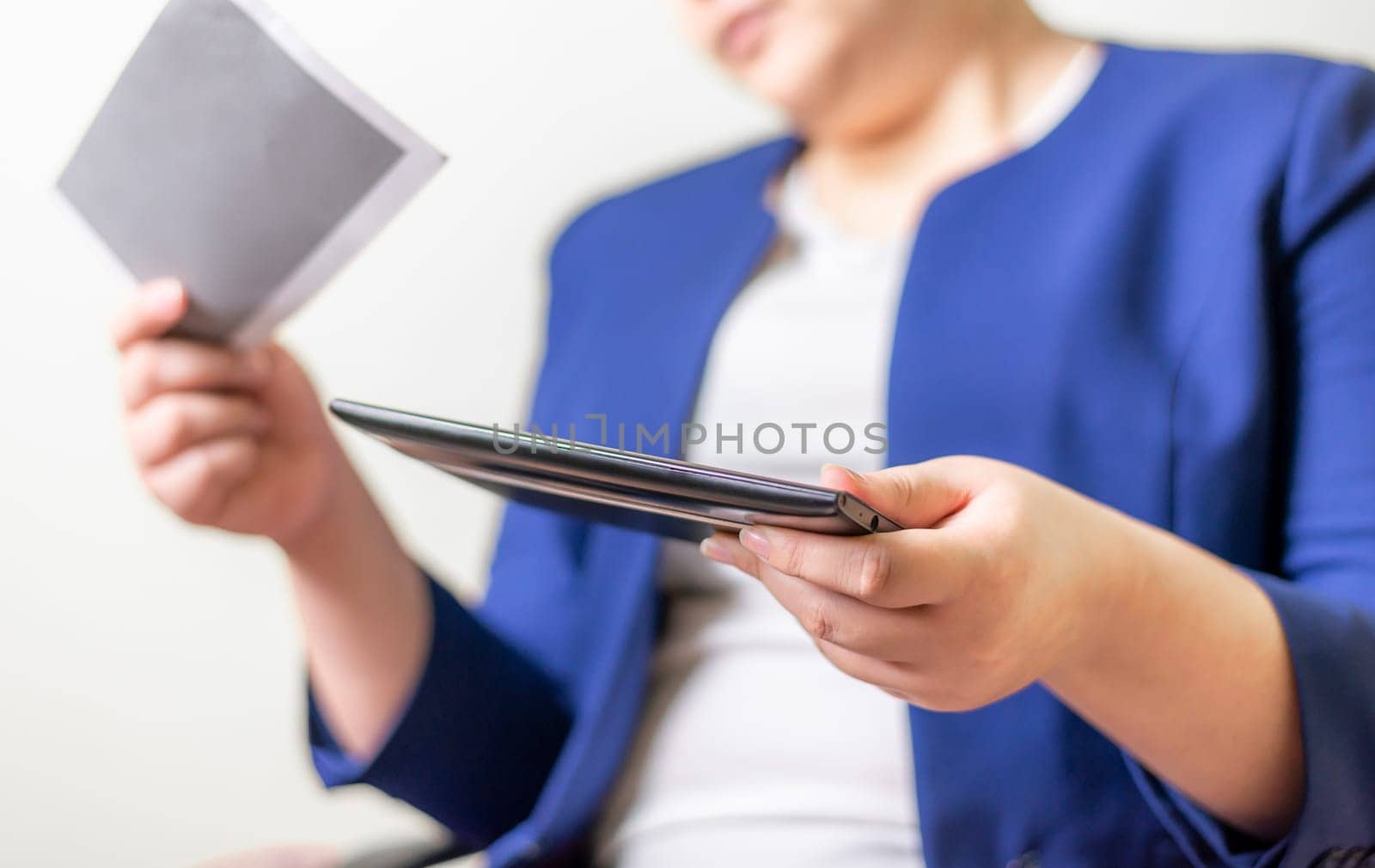 Technology network and online banking and internet banking and networking people concept, Business women with laptop and salary slip on brurred background