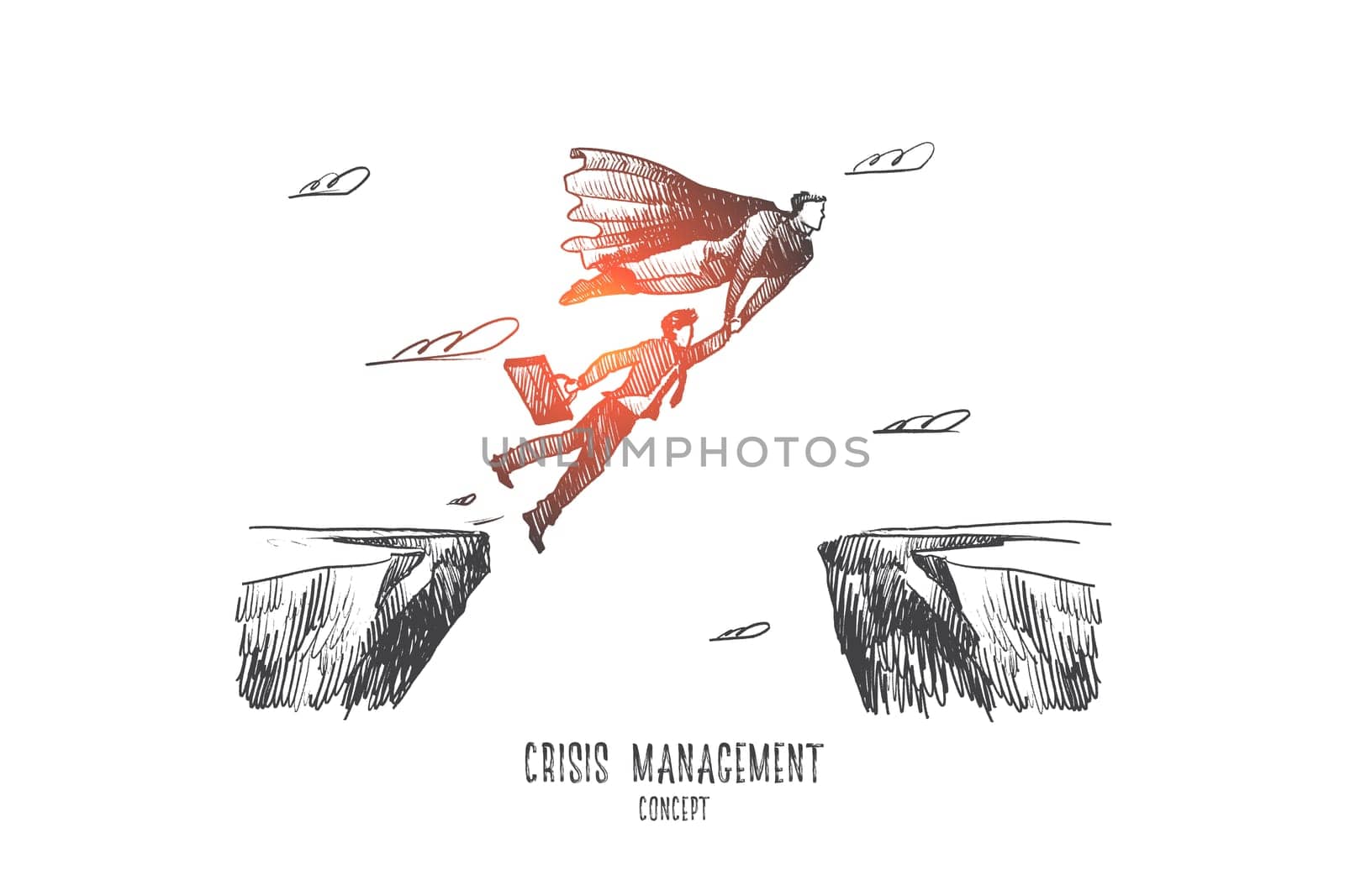Crisis management concept. Hand drawn saving businessman from the crisis. Superhero helps businessman to solve the problem isolated vector illustration.