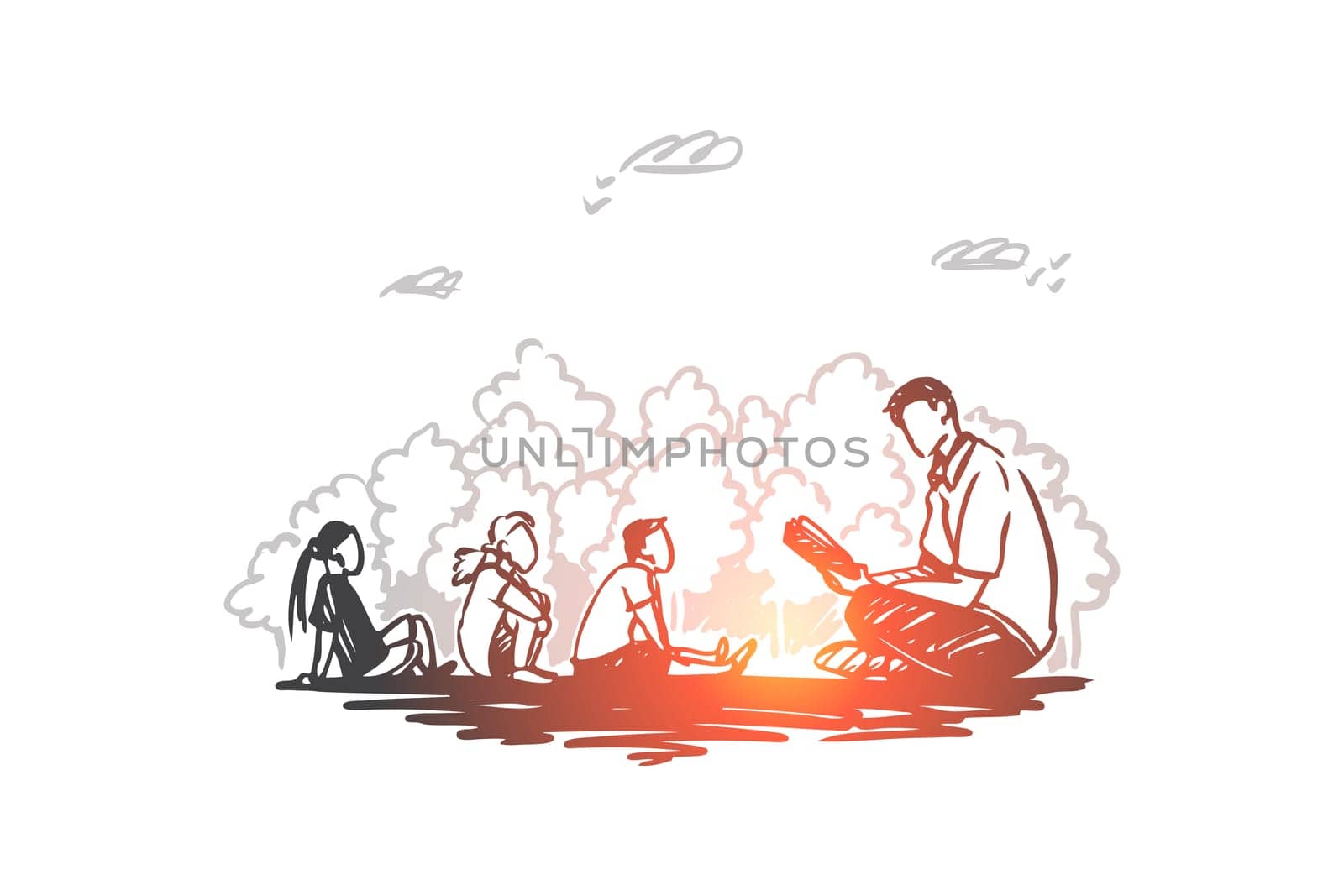 Teacher, education, knowledge, lesson concept. Hand drawn male teacher and pupils sitting outdoor concept sketch. Isolated vector illustration.
