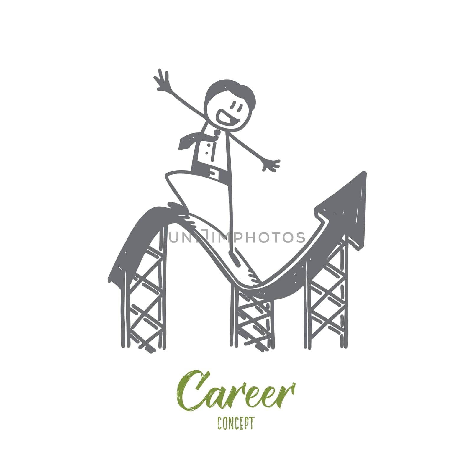 Vector hand drawn Career concept sketch. Businessan smiling and balancing on curly index meaning development