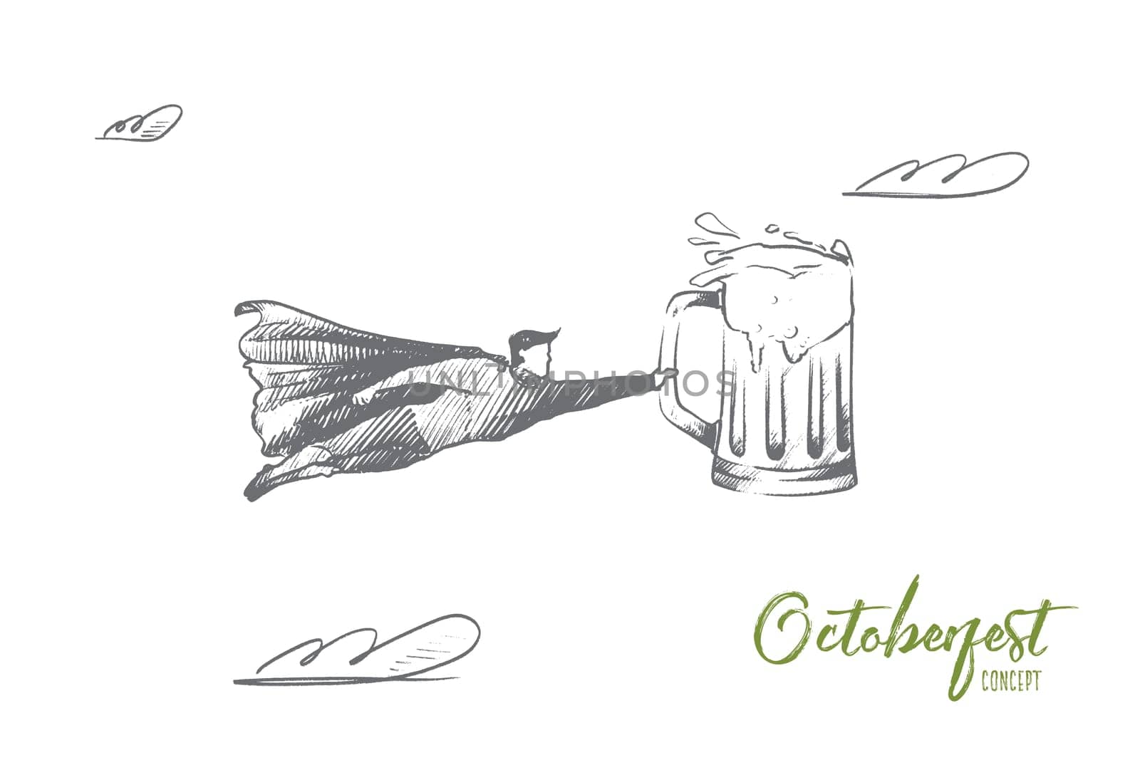 Octoberfest concept. Hand drawn superhero with mug of beer the symbol of traditional german festival. Flying man holds beaker with beer isolated vector illustration.